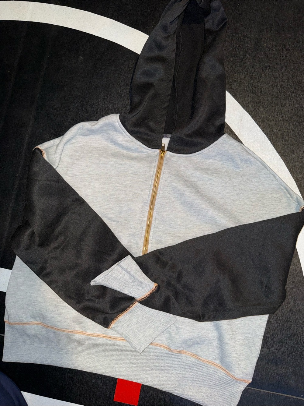 Colorblock Hoodie with Gold Zip - Black & Light Gray